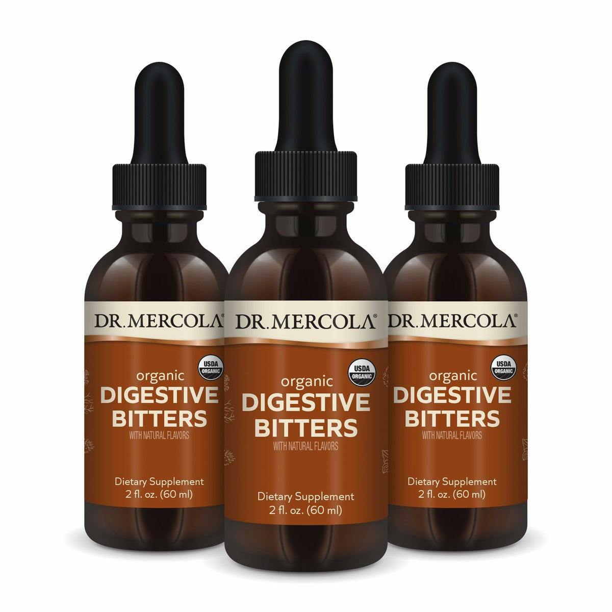Dr. Mercola frasco frontal de Digestive Bitters mostrando etiqueta y tamaño práctico