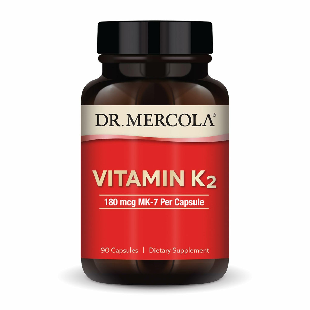 Dr. Mercola envase frontal mostrando K2 180 mcg y beneficios claros