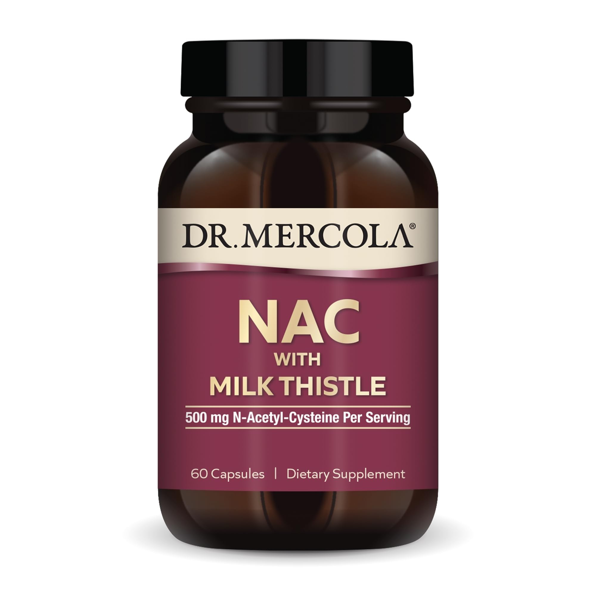 Dr. Mercola vista frontal del frasco con etiqueta clara y beneficios