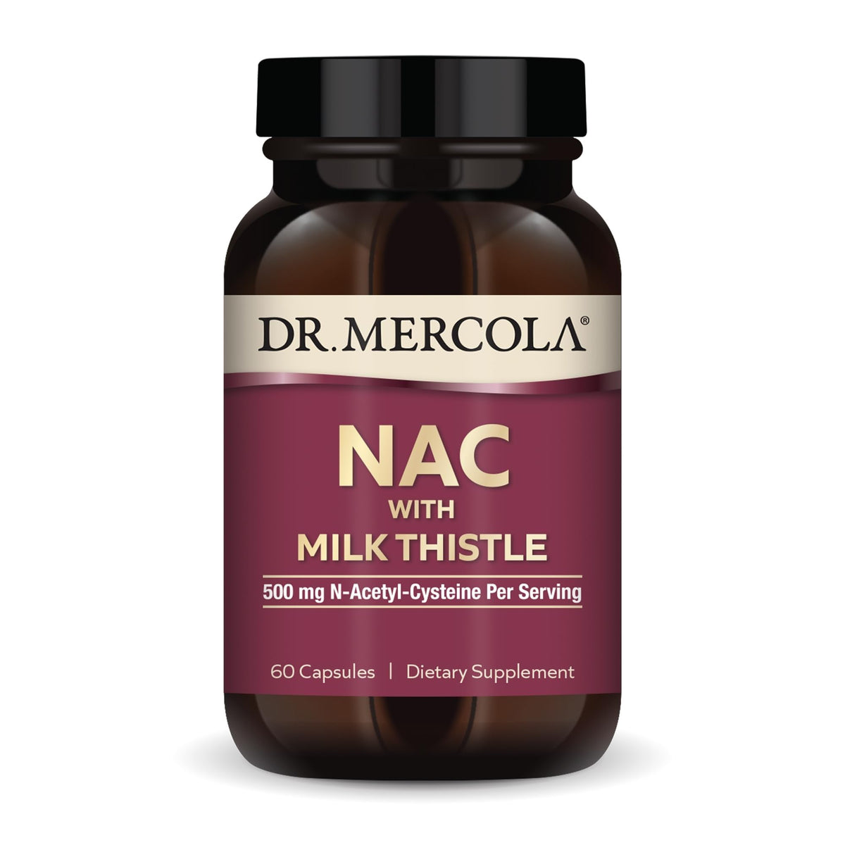 Dr. Mercola vista frontal del frasco con etiqueta clara y beneficios