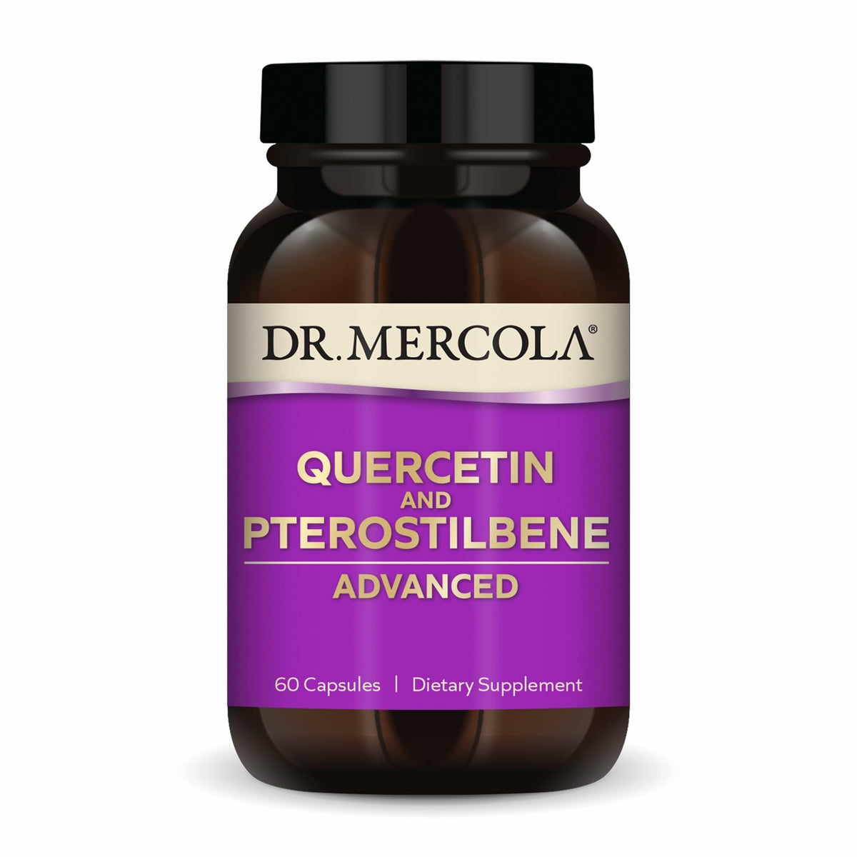 Dr. Mercola envase frontal que muestra quercetina y beneficios respiratorios