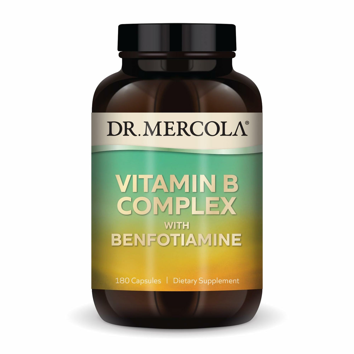 Dr. Mercola envase frontal del complejo B, fácil identificación y confianza
