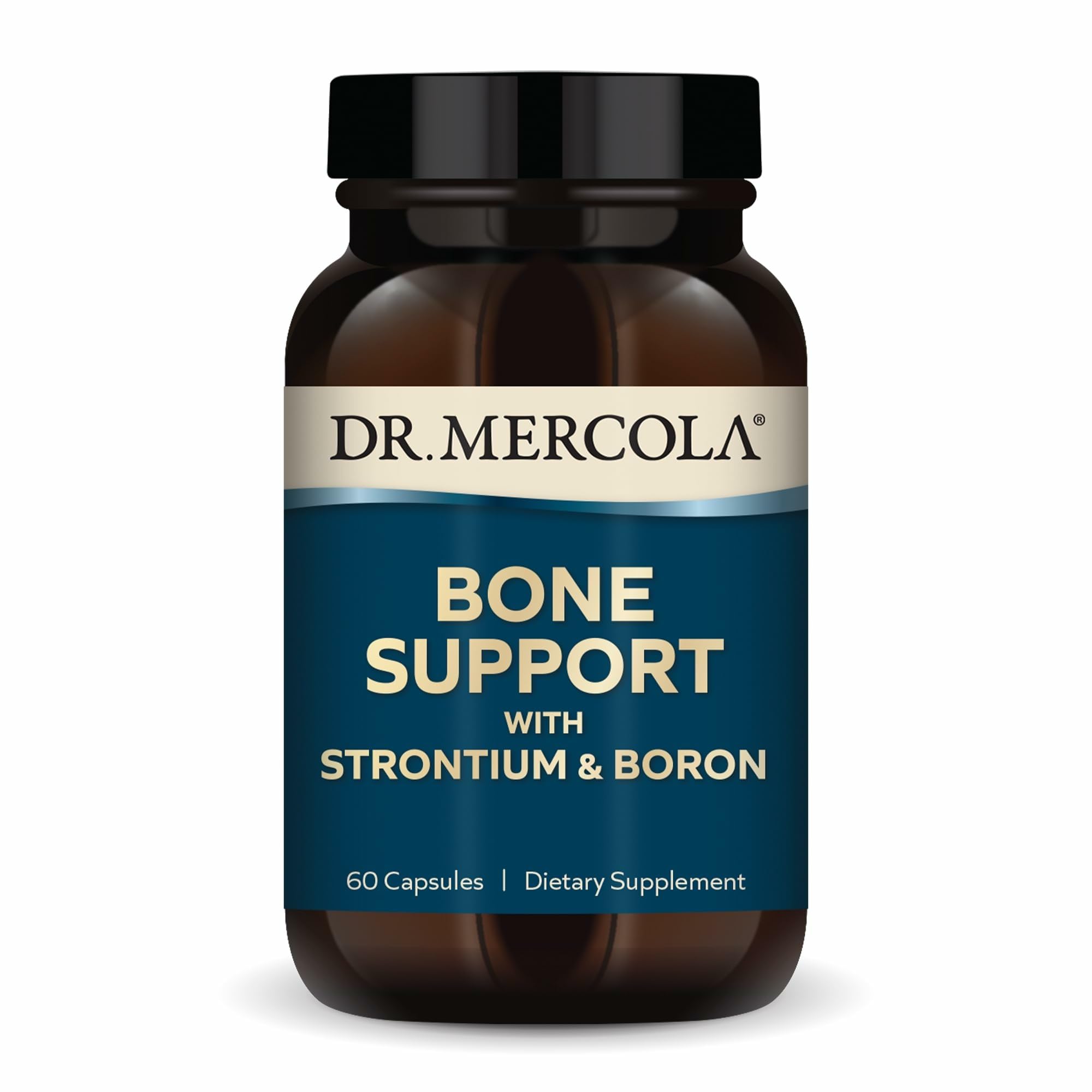 Dr. Mercola frasco frontal del suplemento Bone Support mostrando etiqueta clara y beneficios