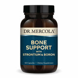 Dr. Mercola frasco frontal del suplemento Bone Support mostrando etiqueta clara y beneficios