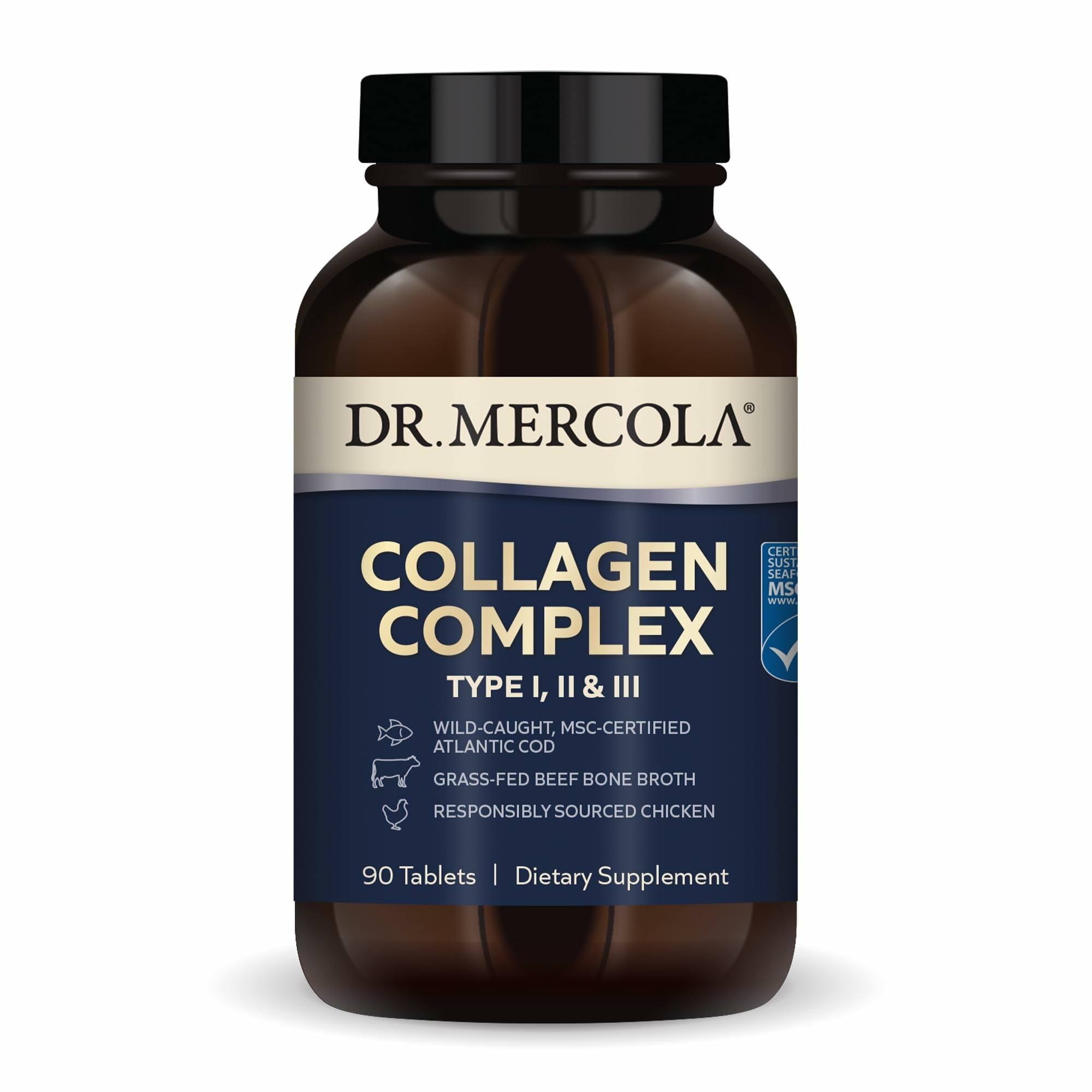 Dr. Mercola frontal del paquete muestra 90 tabletas y beneficios claros