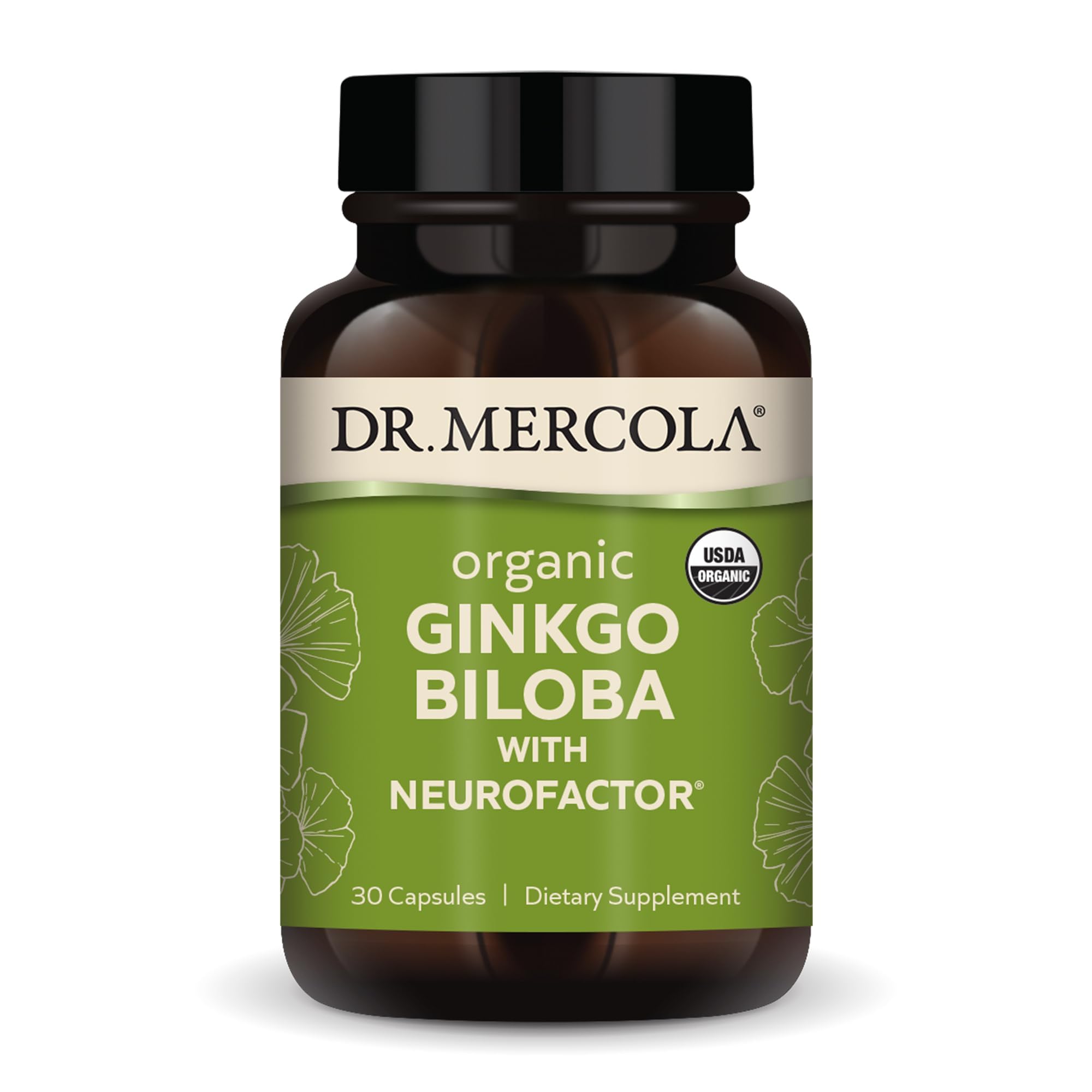 Dr. Mercola envase frontal del producto mostrando etiqueta y beneficio de apoyo cognitivo