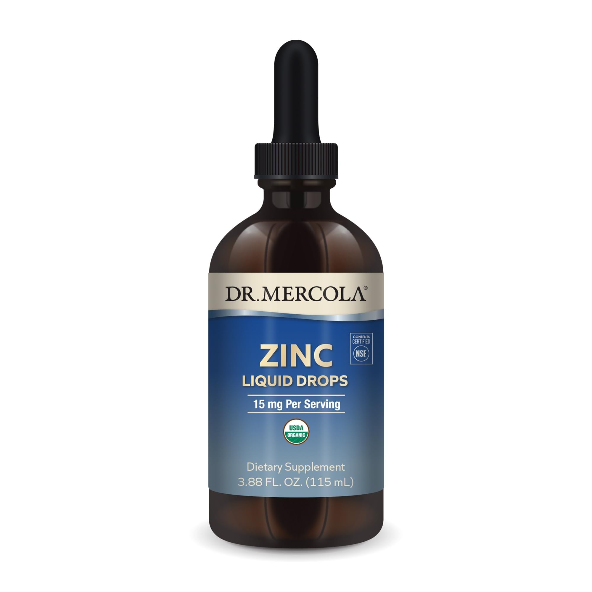 Dr. Mercola envase frontal mostrando gotas de zinc y beneficio de conveniencia