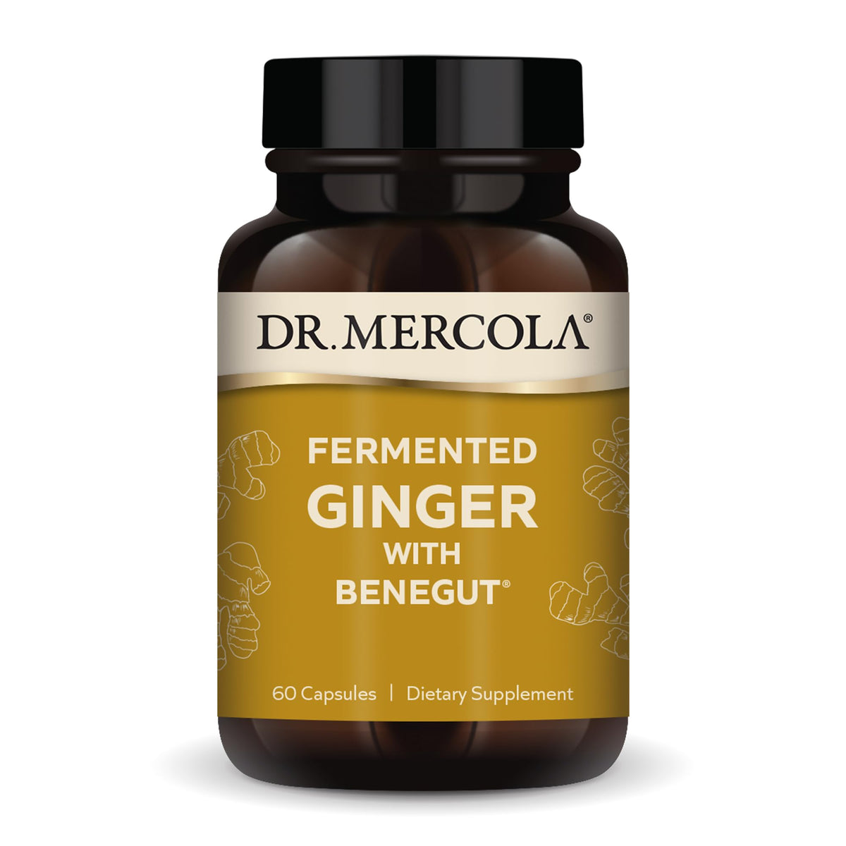 Dr. Mercola frontal del empaque mostrando suplemento de jengibre fermentado y beneficios digestivos