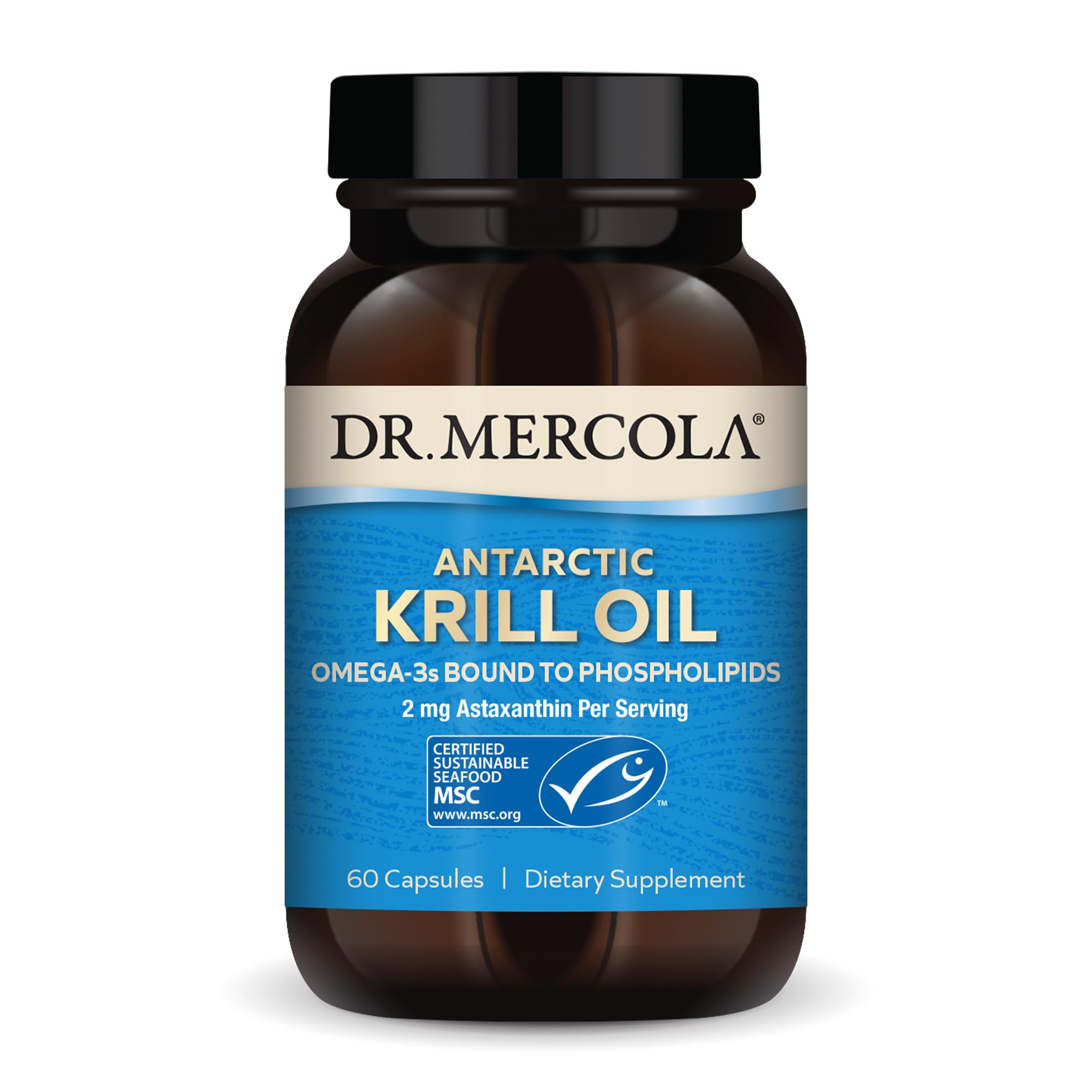 Dr. Mercola botella frontal del aceite de kril mostrando diseño y cantidad