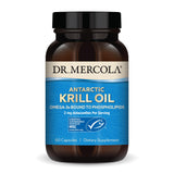 Dr. Mercola botella frontal del aceite de kril mostrando diseño y cantidad