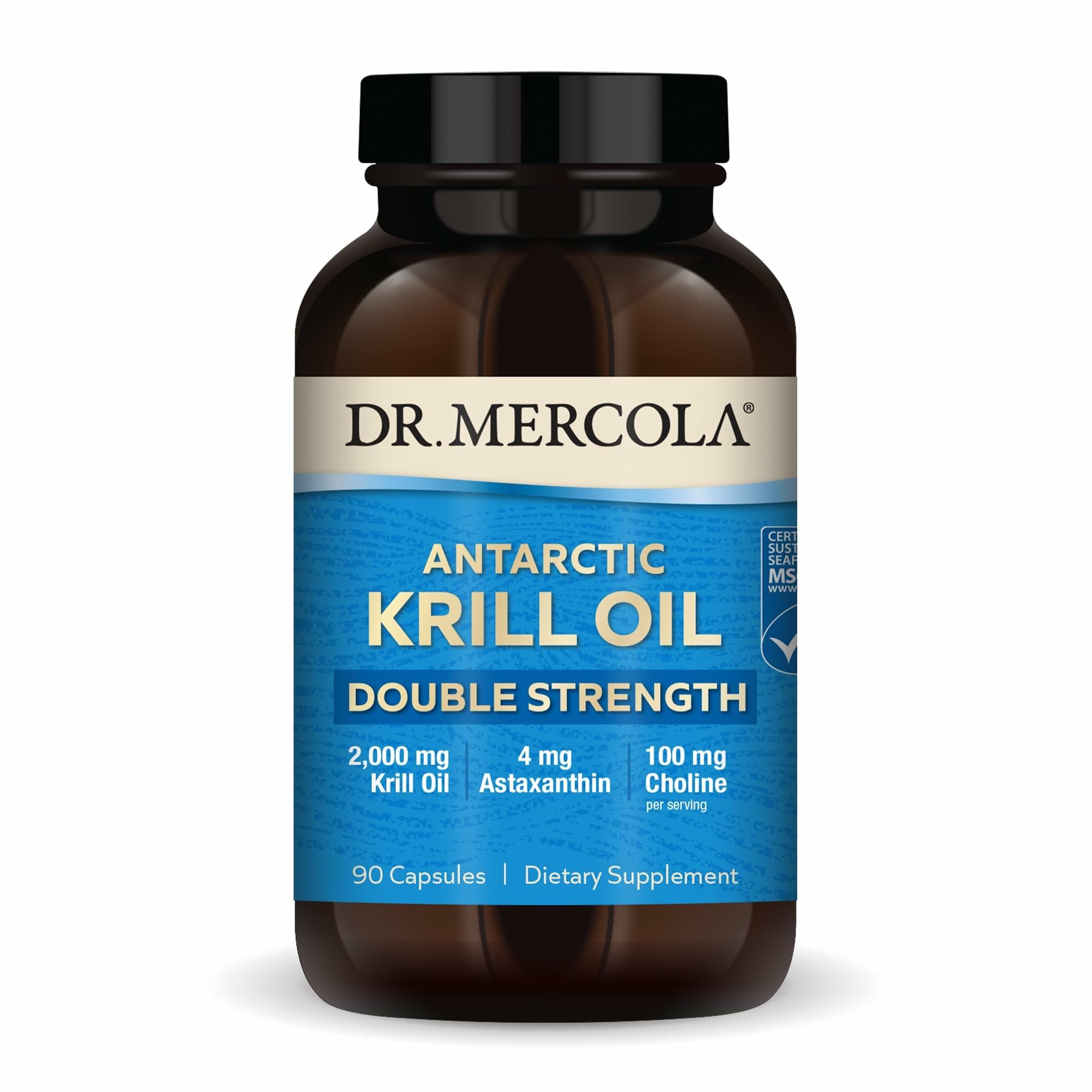 Dr. Mercola frasco frontal mostrando diseño y cantidad 90 cápsulas, confianza en la marca