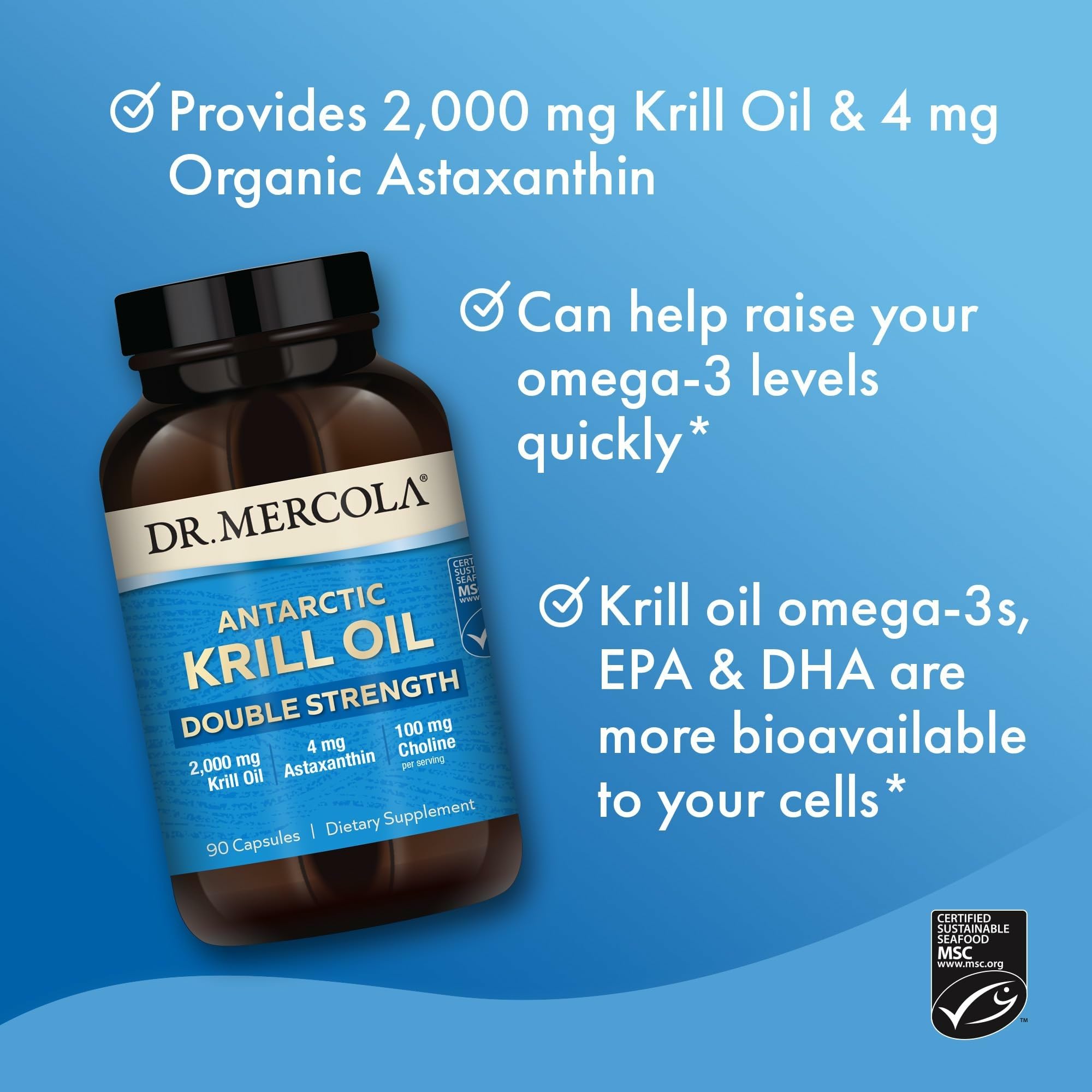 Dr. Mercola etiqueta nutricional visible con datos de EPA, DHA y astaxantina para transparencia