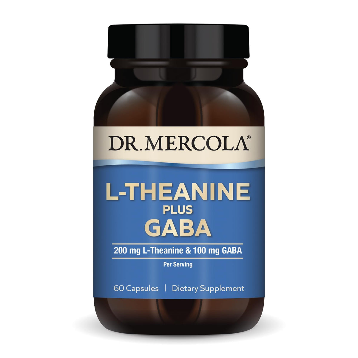 Dr. Mercola frente del empaque mostrando la botella y beneficio de apoyo a la relajación