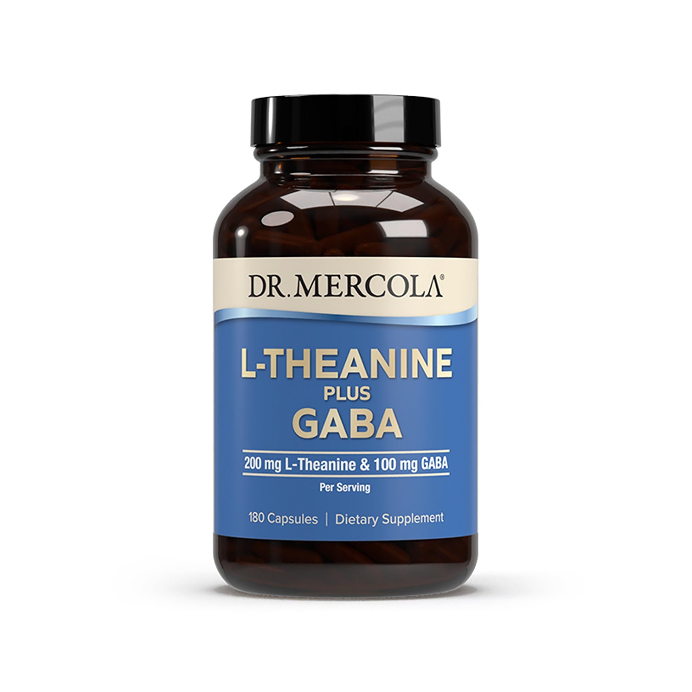 Dr. Mercola vista frontal del frasco, envase claro y beneficio de calma