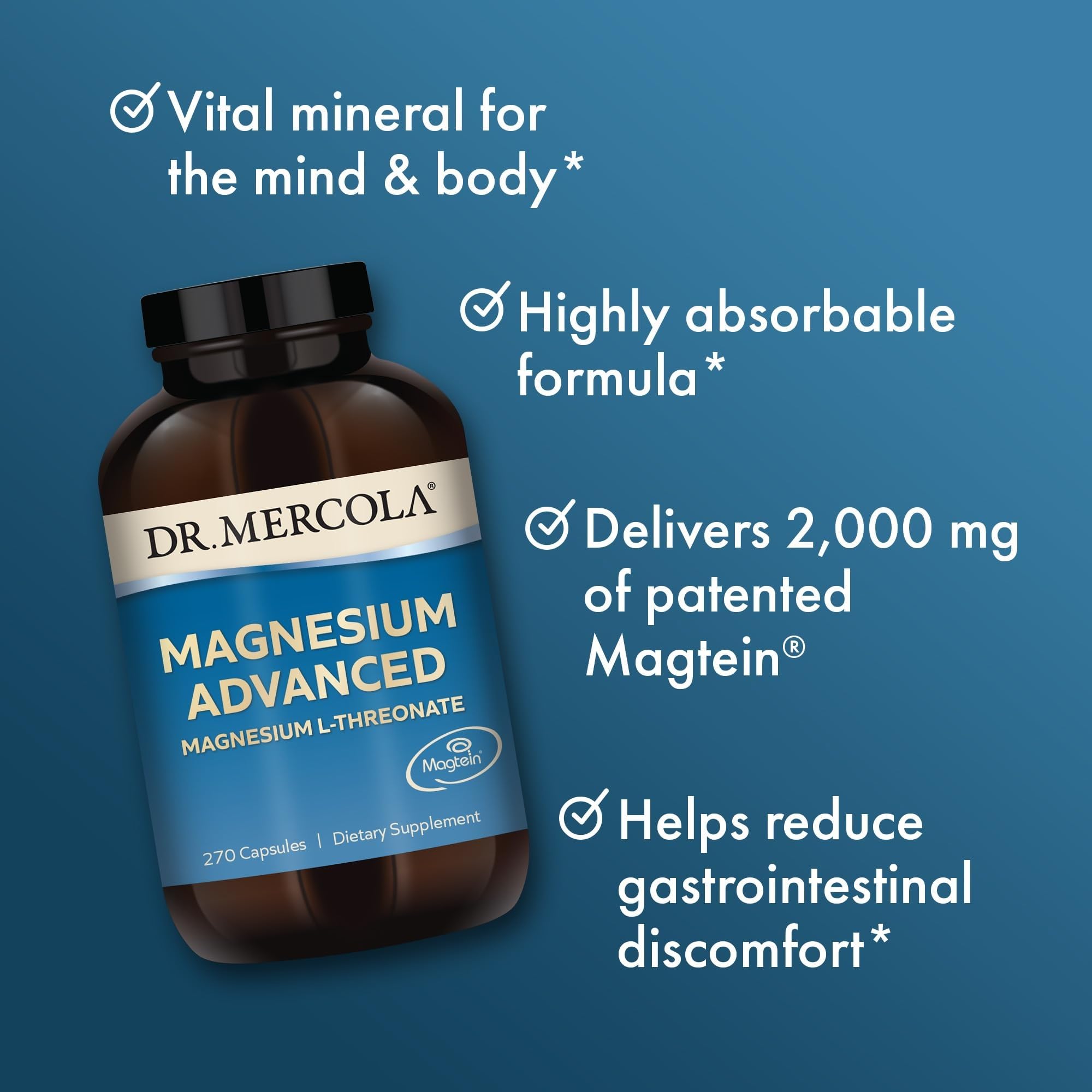 Dr. Mercola etiqueta nutricional destacando Magtein y libre de gluten