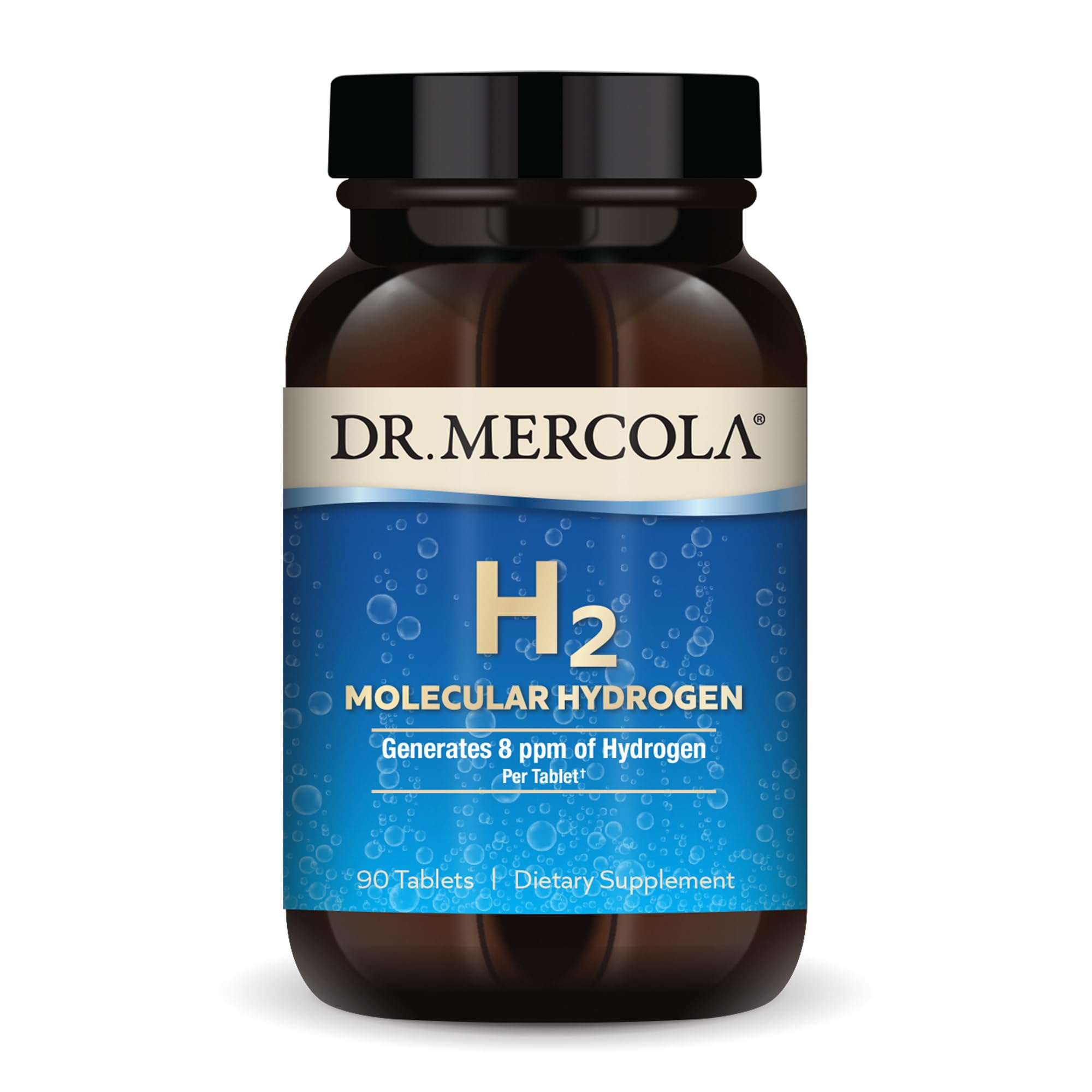 Dr. Mercola envase frontal mostrando tabletas y beneficio de hidrógeno