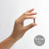 Dr. Mercola cápsula en mano para comparar tamaño y dosis fácil de tomar