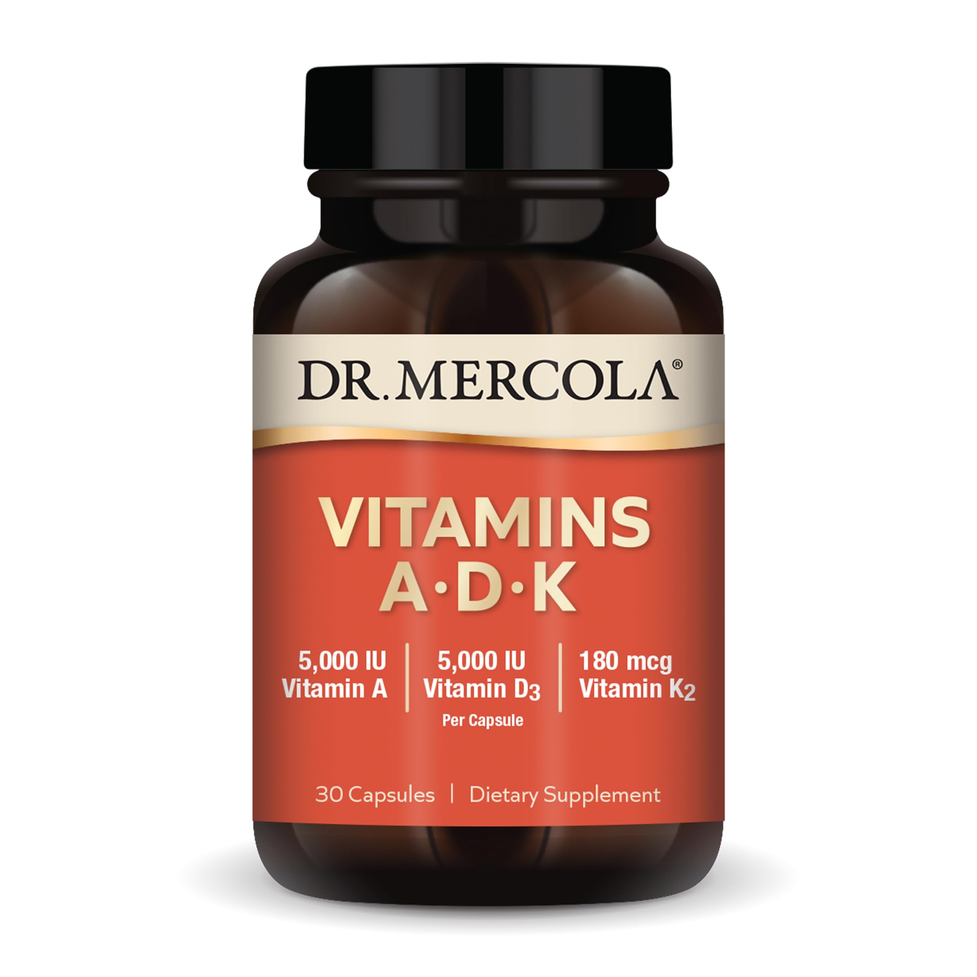 Dr. Mercola frasco frontal de Vitamins ADK mostrando etiqueta y beneficios claros