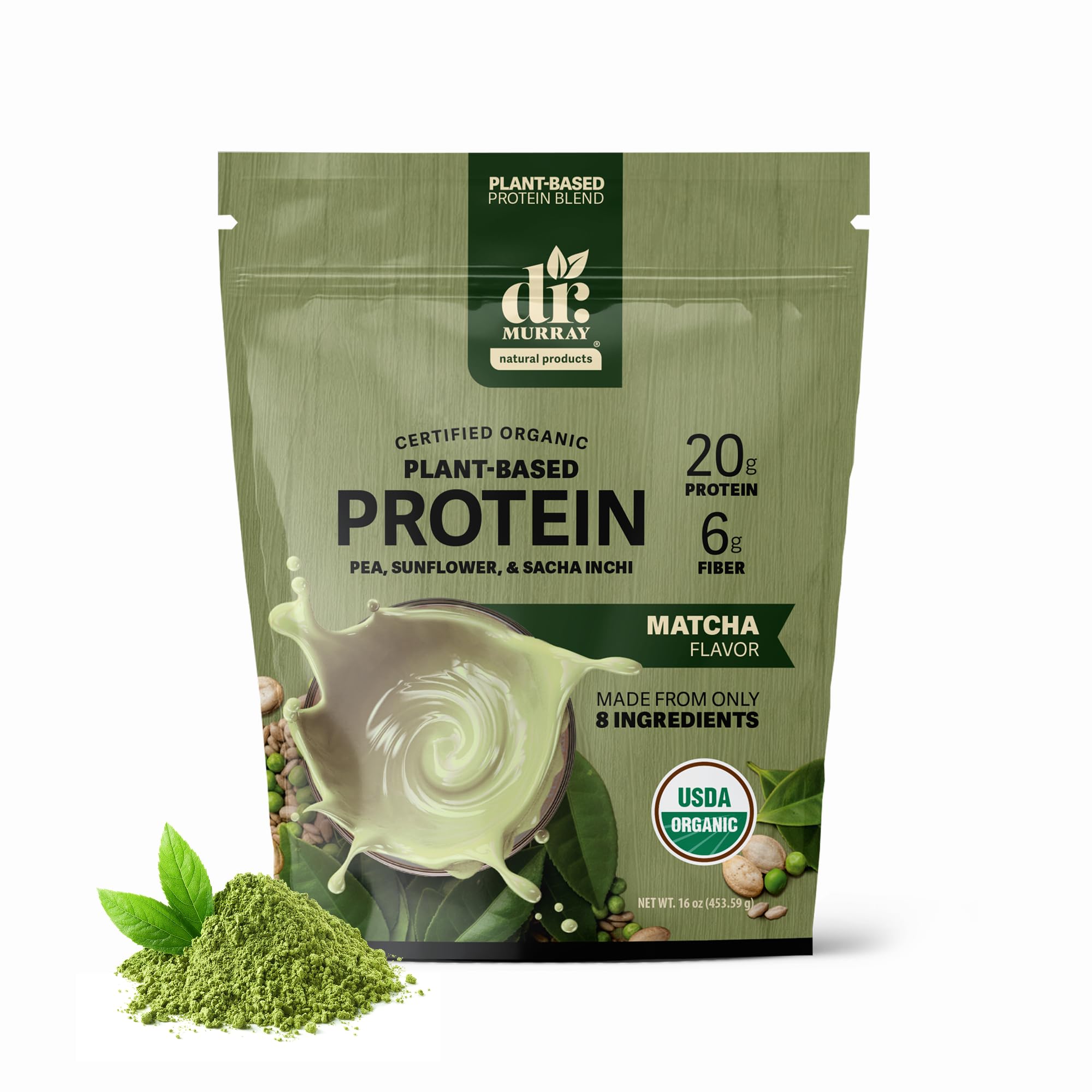 Dr. Murray envase frontal matcha mostrando certificado USDA Organic y beneficios