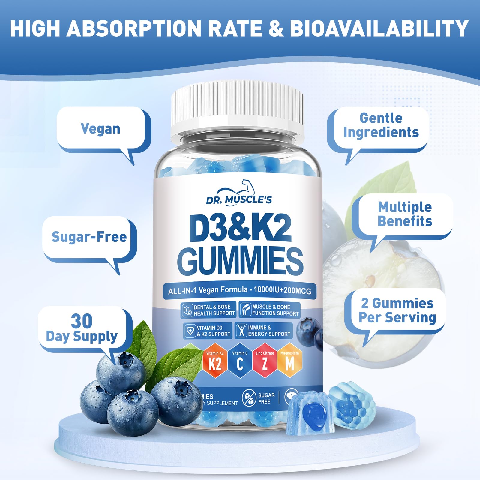 DR. MUSCLE'S ingredientes naturales como arándanos y natto representados