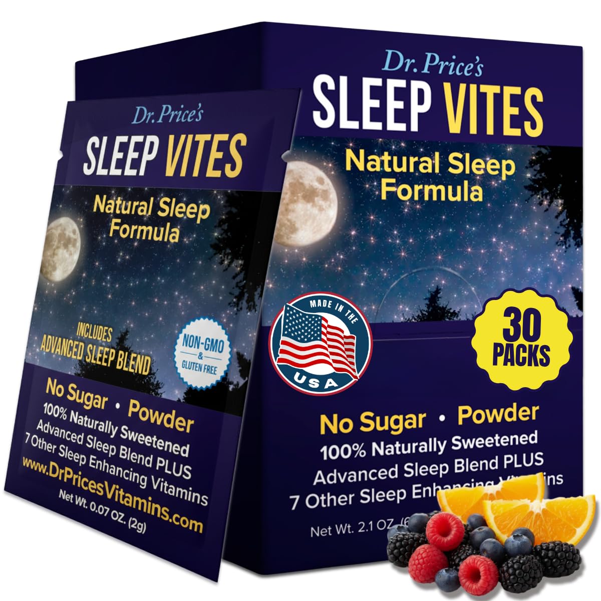 Dr. Price's frente del empaque mostrando 30 sobres y beneficios visibles