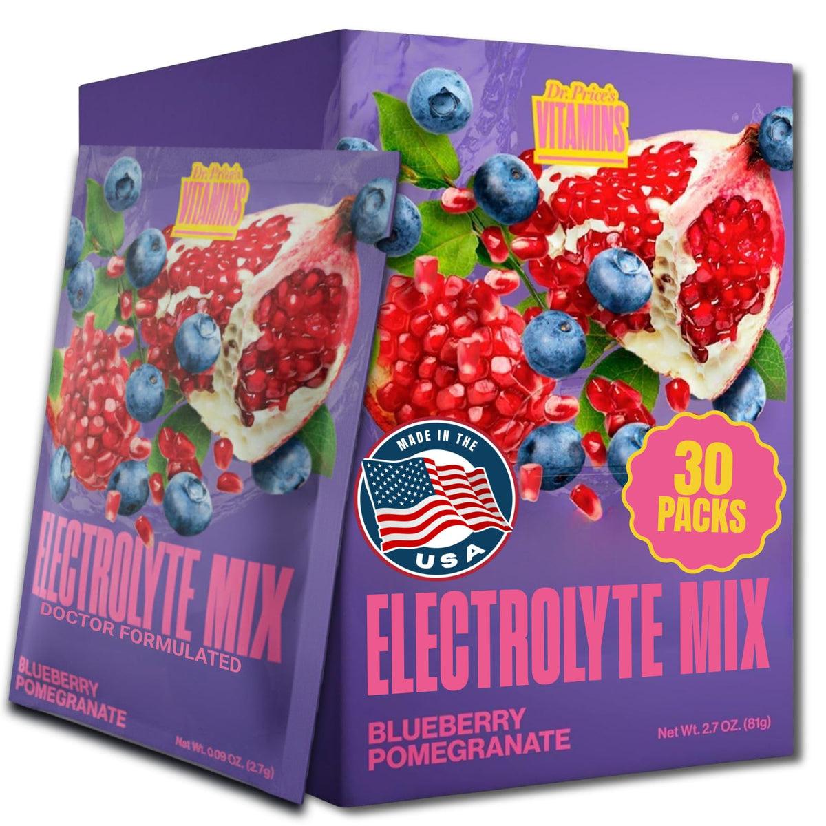 Dr. Price's empaque frontal Blueberry Pomegranate mostrando 30 sobres y beneficio de hidratación limpia