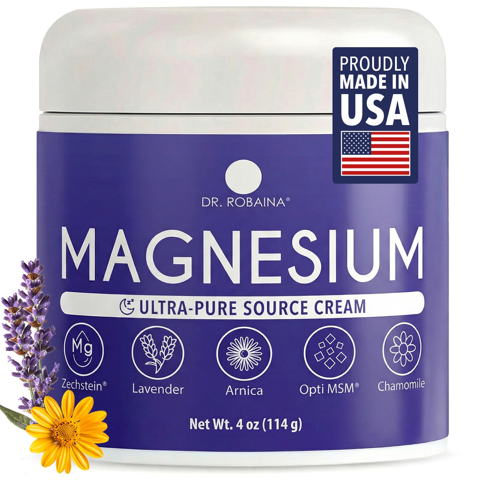 Dr. Robaina envase frontal de la crema de magnesio y lavanda mostrando etiqueta clara y beneficios