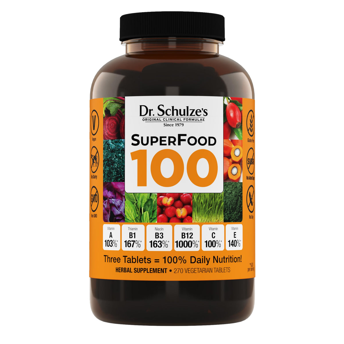 Dr. Schulze's frasco frontal que muestra etiqueta y formato de 270 cápsulas