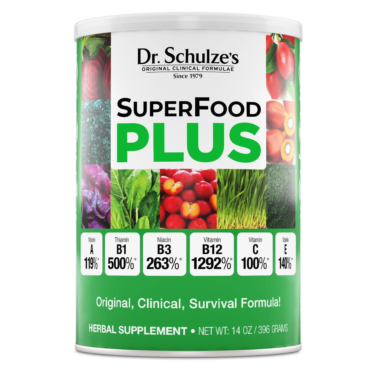 Dr. Schulze's envase frontal mostrando la marca y beneficio nutricional