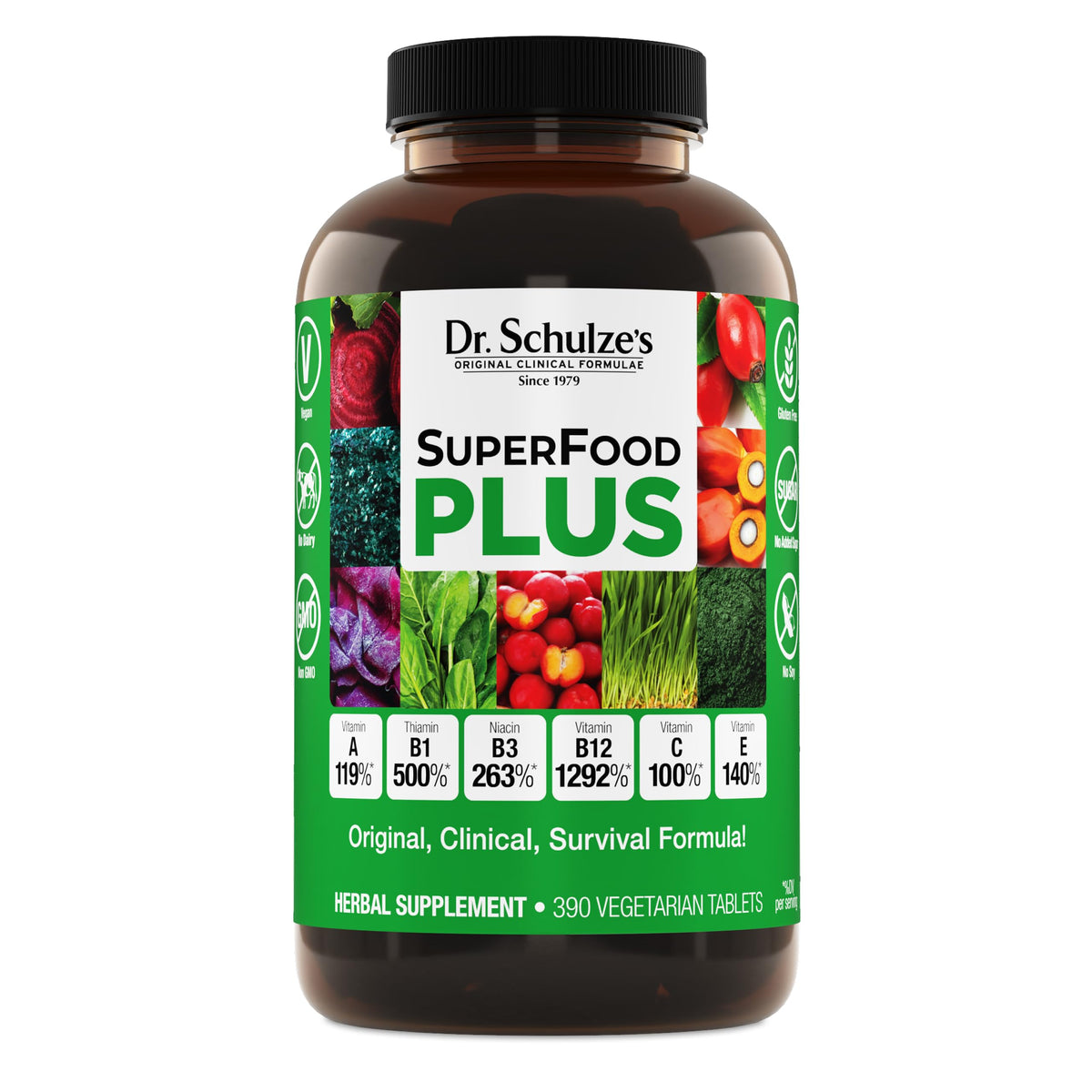 Dr. Schulze's frasco frontal mostrando SuperFood Plus y beneficios limpios