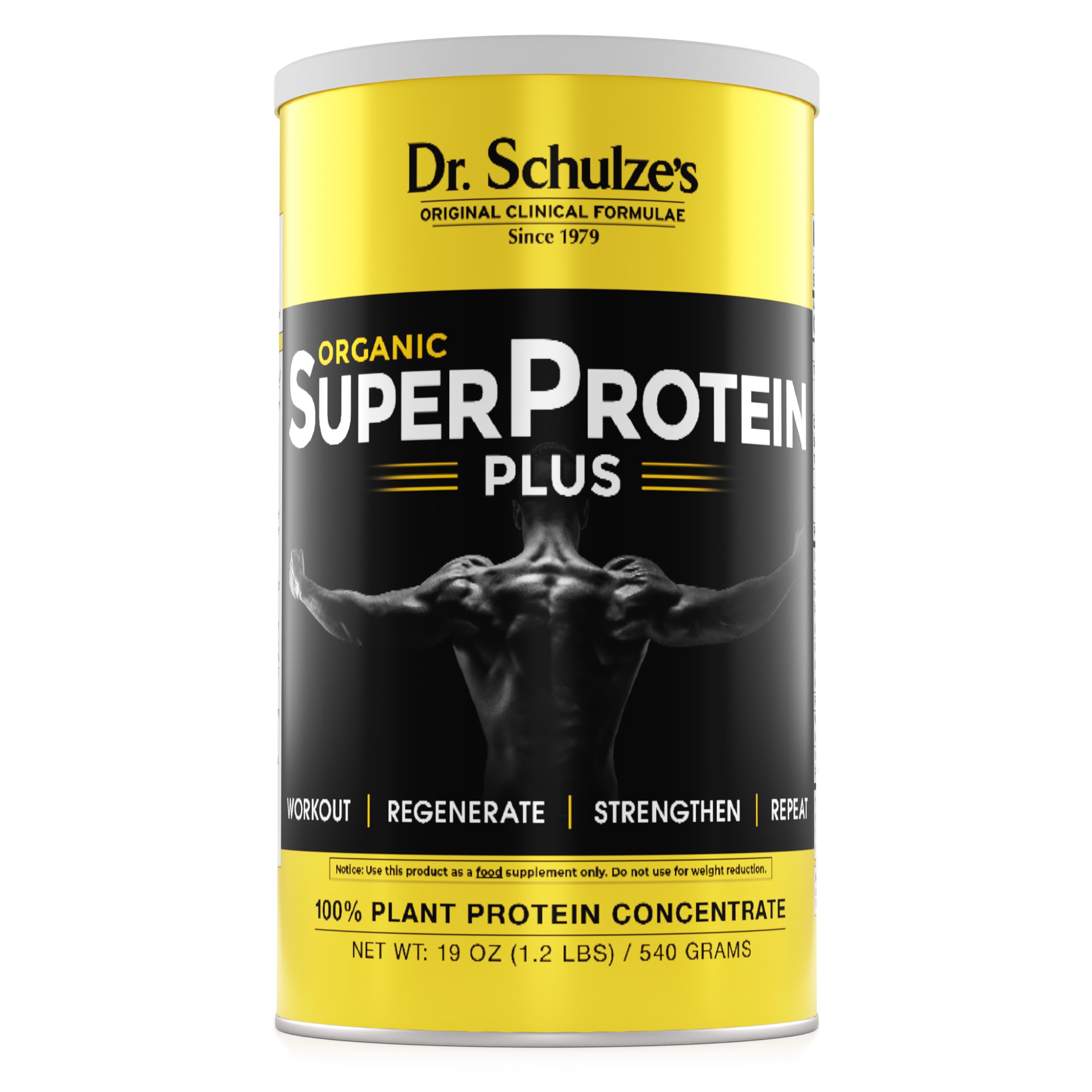 Dr. Schulze's envase frontal mostrando proteína vegana y ventaja limpieza