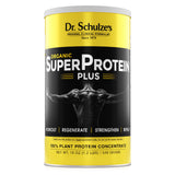 Dr. Schulze's envase frontal mostrando proteína vegana y ventaja limpieza