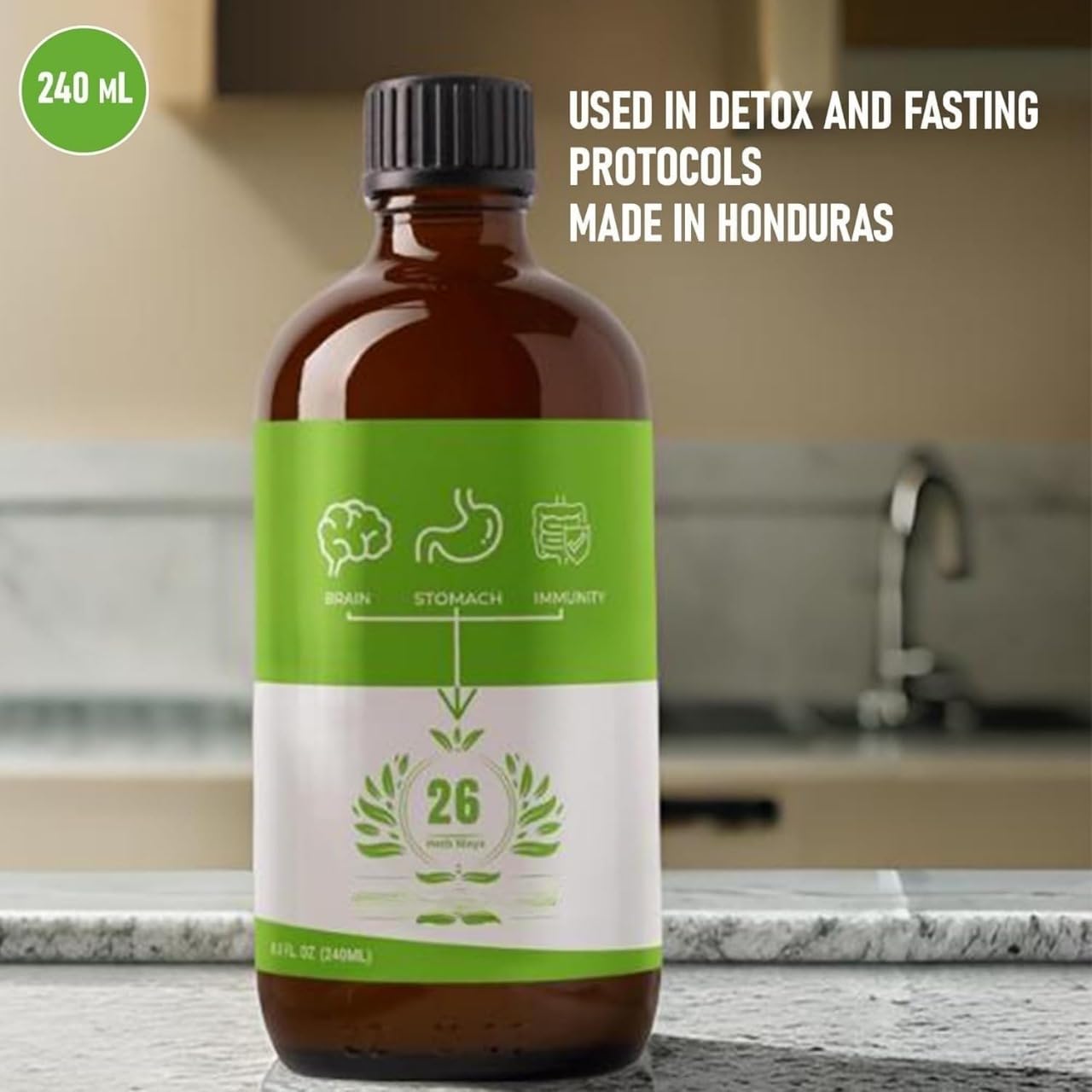 Generic Dr. Sebi Maya Formula frasco junto a una mano para comparar tamaño y porción