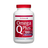 Dr. Sinatra frasco delantero de Omega Q Plus mostrando tamaño y beneficios