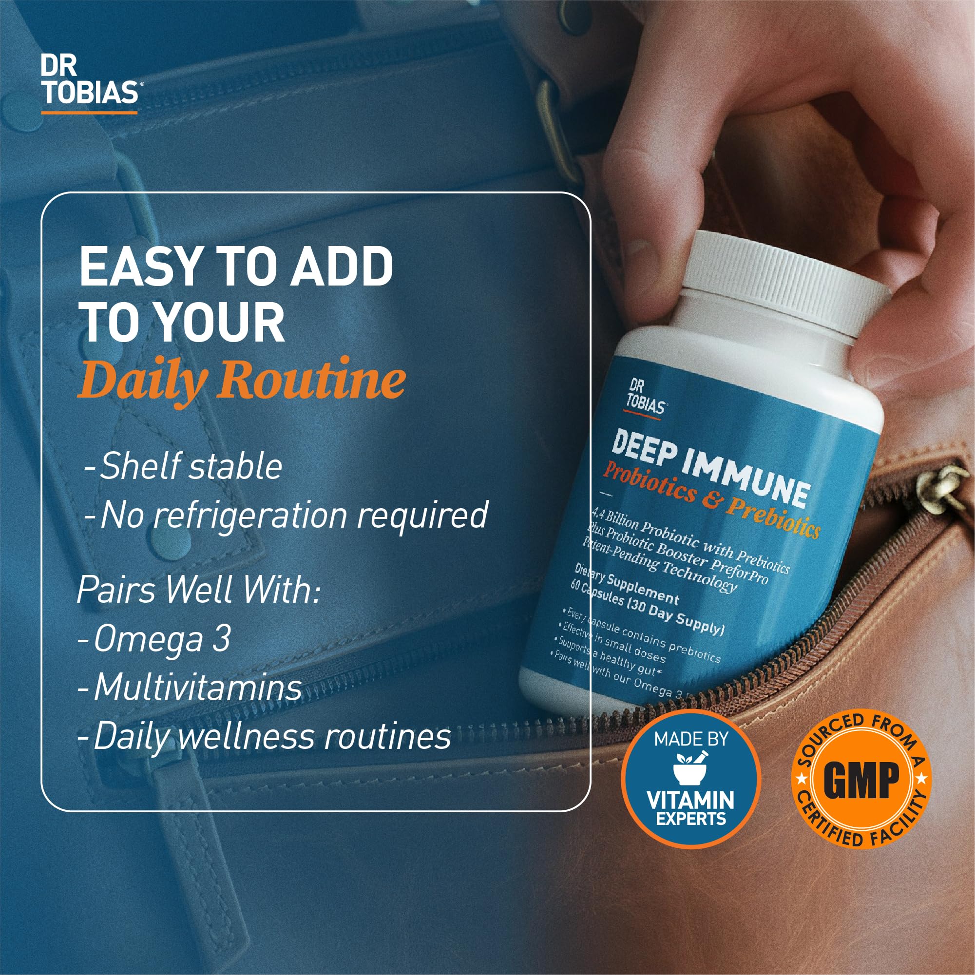 Dr. Tobias junto a multivitaminas mostrando compatibilidad con otros suplementos