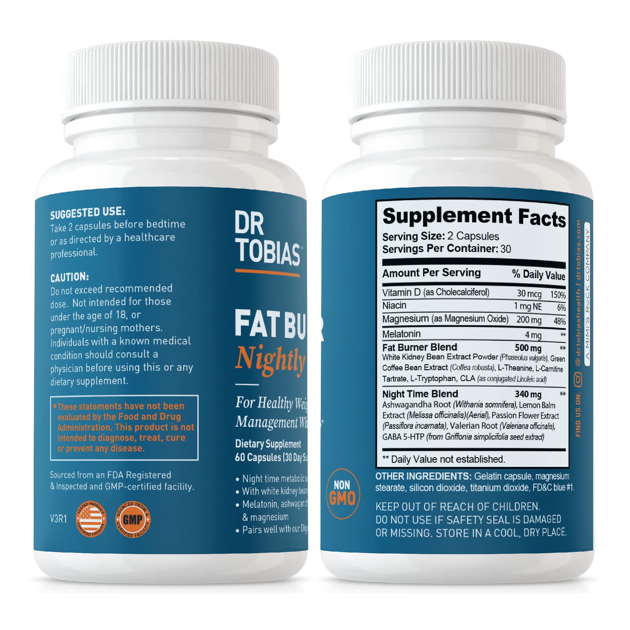 Dr. Tobias etiqueta con lista de ingredientes y beneficios para el metabolismo