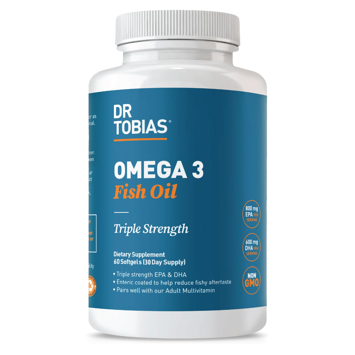 Dr. Tobias frasco frontal mostrando 60 cápsulas para alta concentración de omega-3