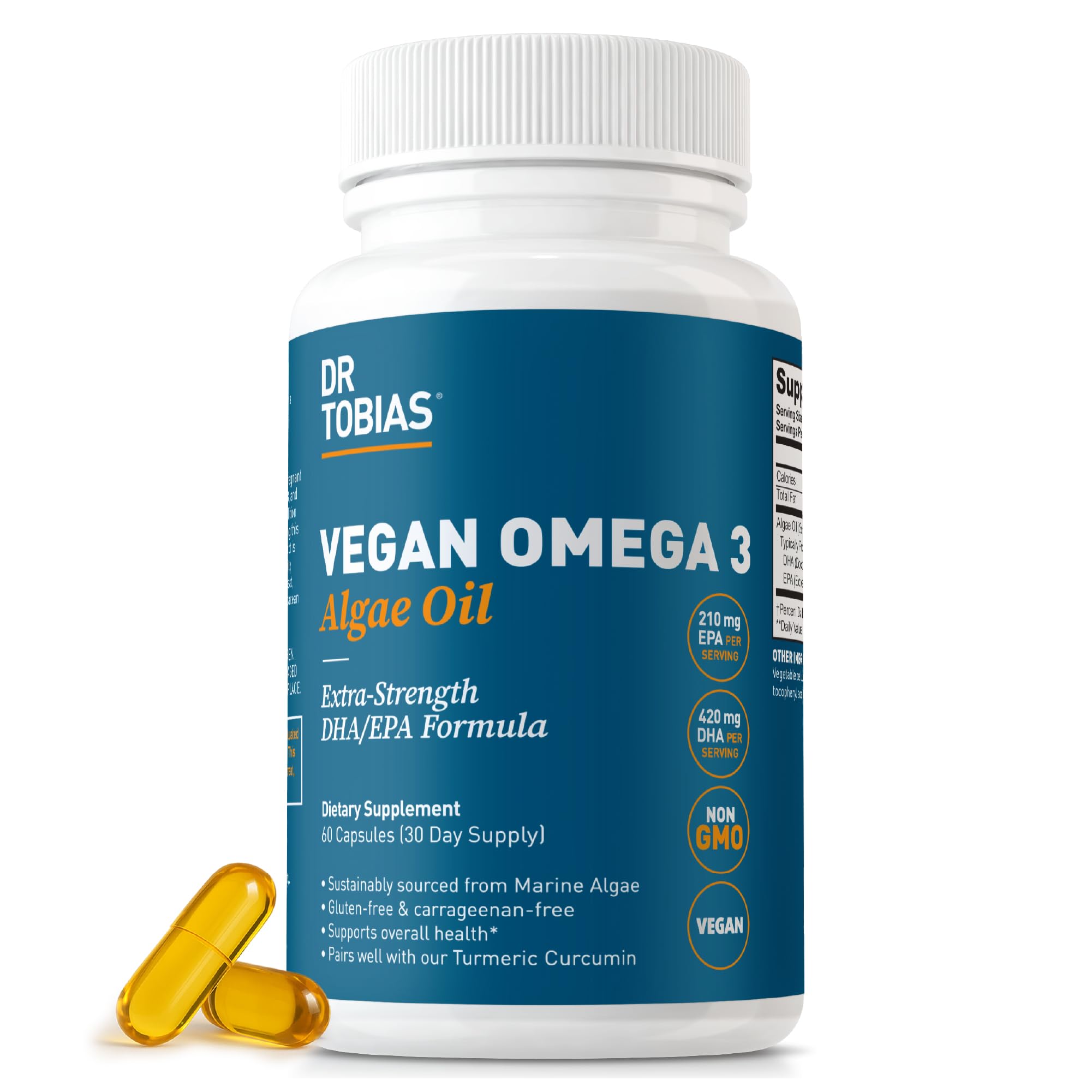 Dr. Tobias envase frontal omega 3 vegano mostrando dosis y sello de calidad