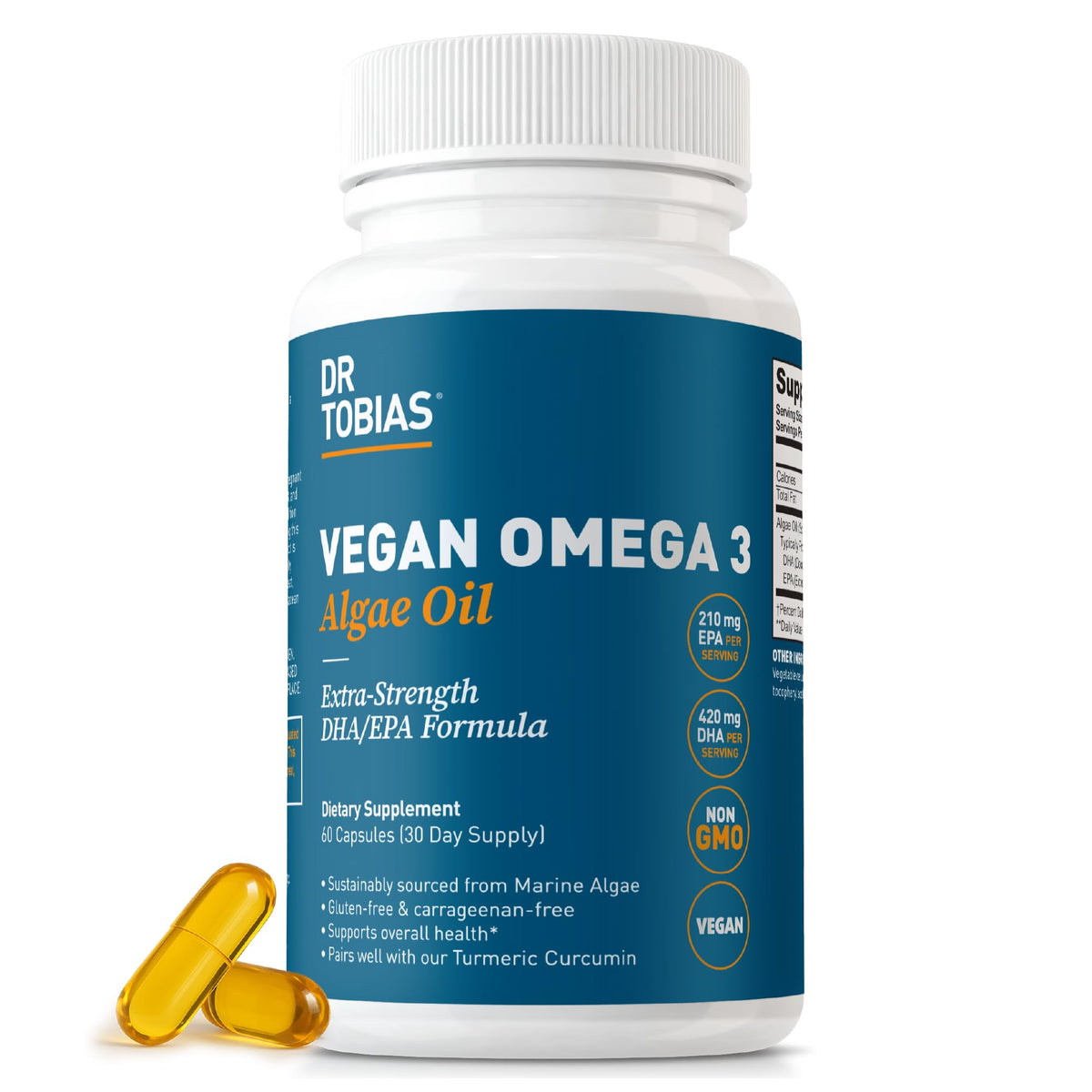 Dr. Tobias envase frontal omega 3 vegano mostrando dosis y sello de calidad