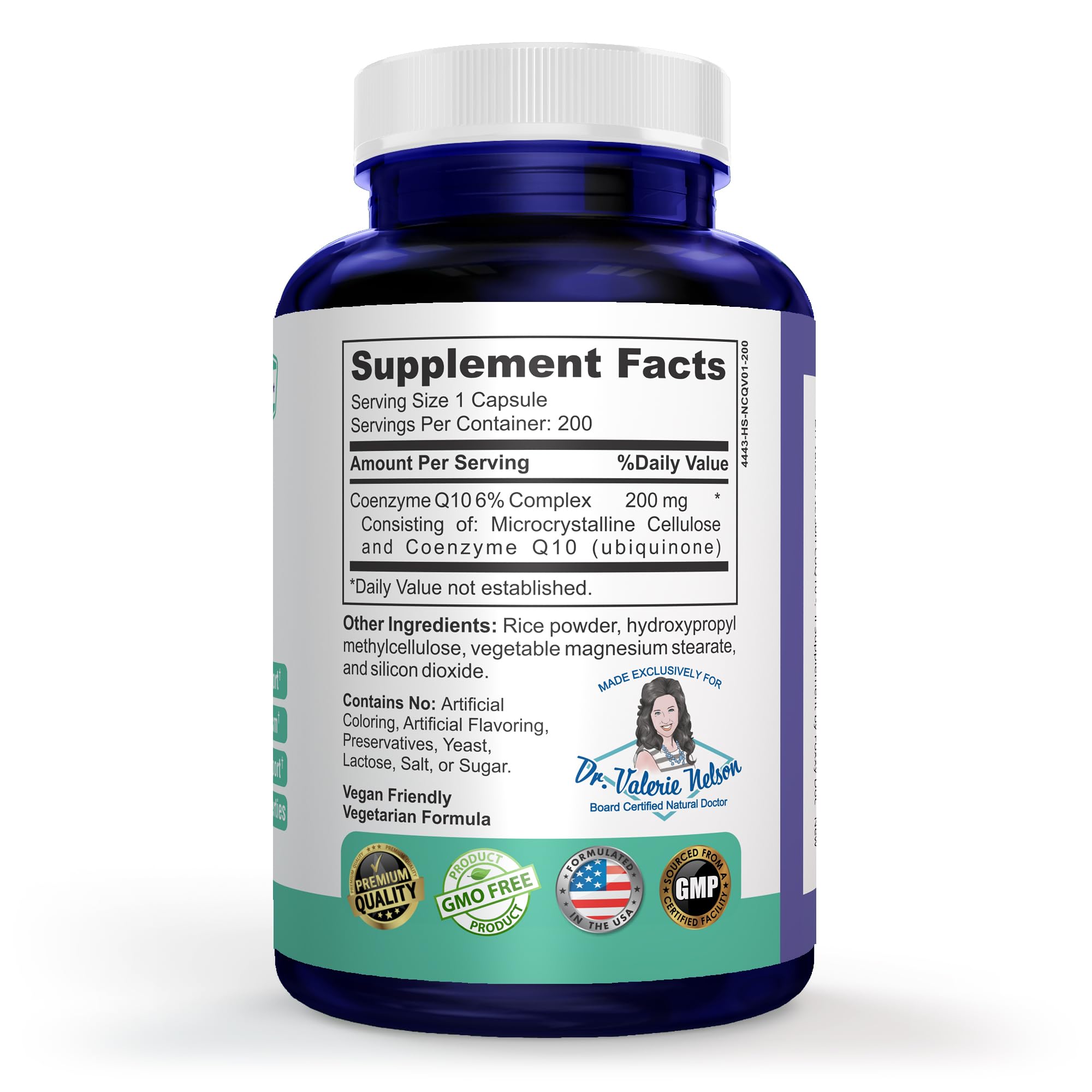 Dr. Valerie Nelson etiqueta de CoQ10 con ingredientes y pruebas de pureza