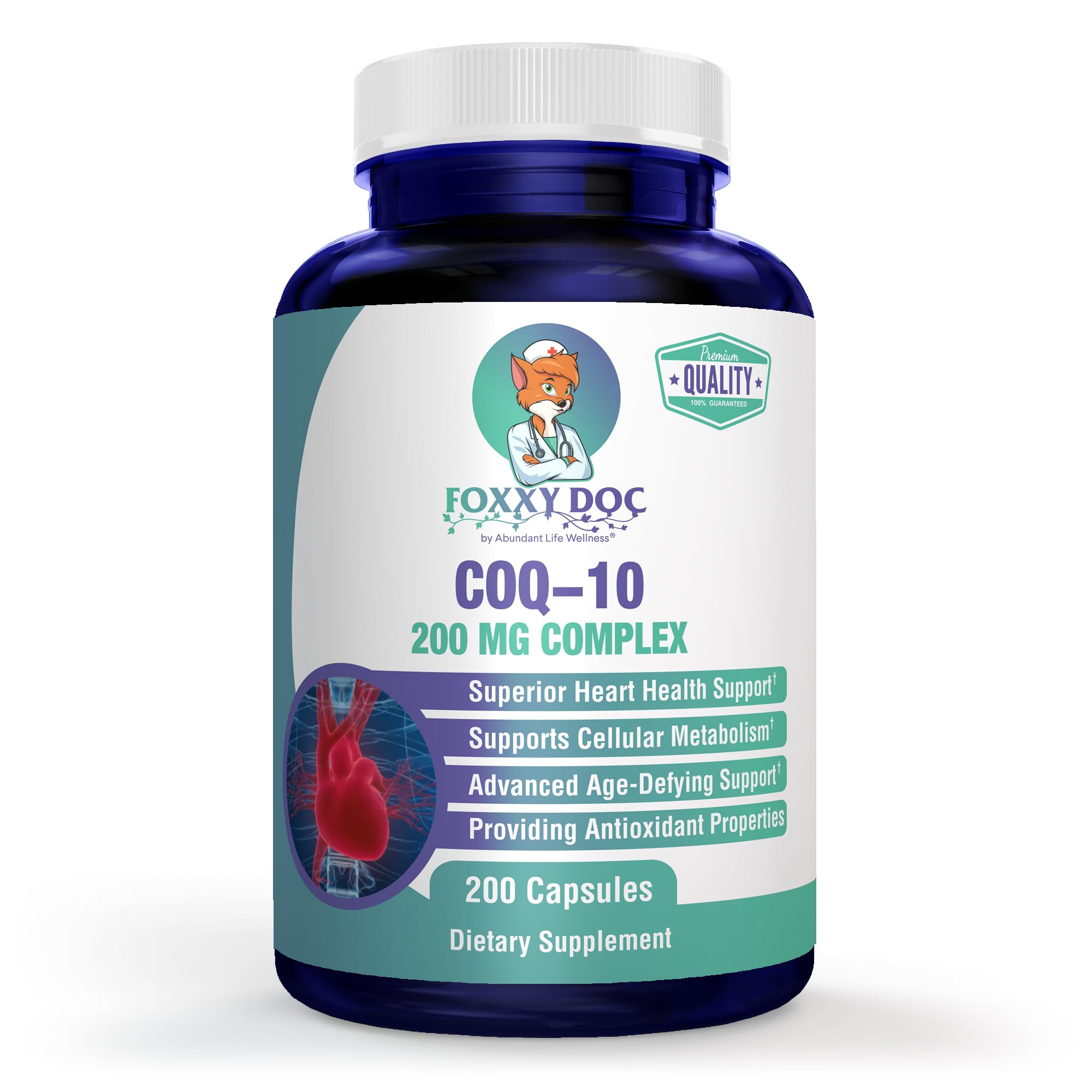 Dr. Valerie Nelson envase frontal de CoQ10 200 mg, presentación clara y valor