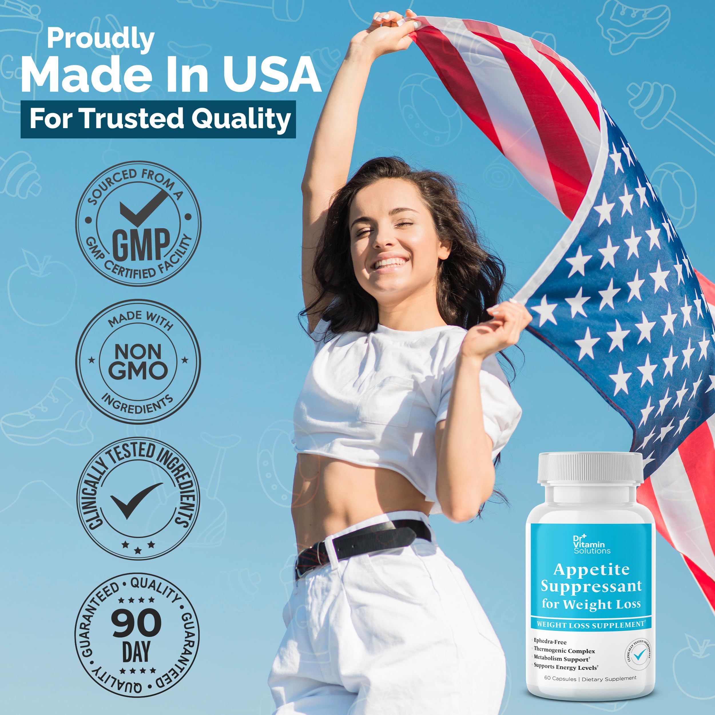 DR VITAMIN SOLUTIONS botella junto a una regla para ver tamaño y dosis diarias