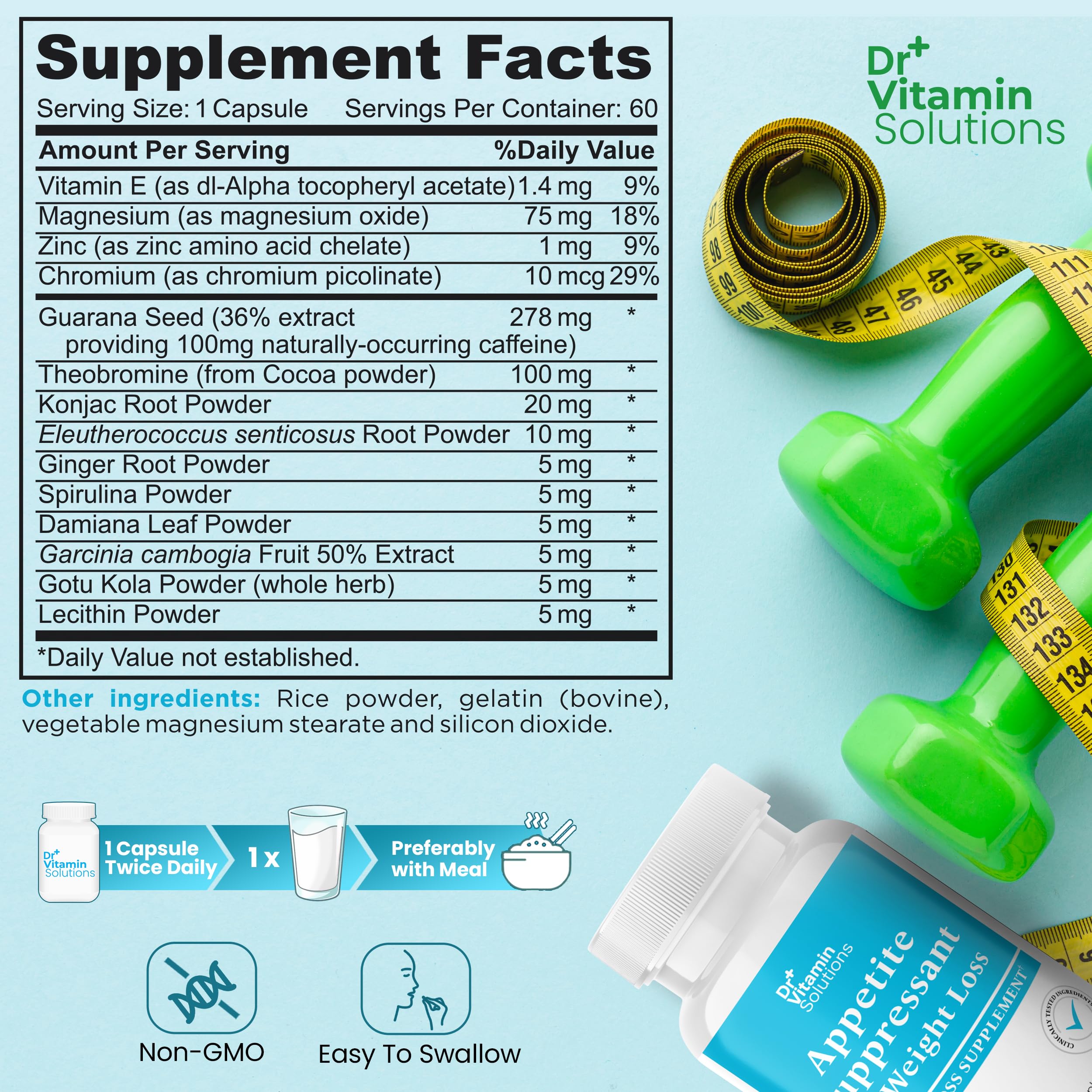 DR VITAMIN SOLUTIONS etiqueta trasera con lista de ingredientes y pautas claras