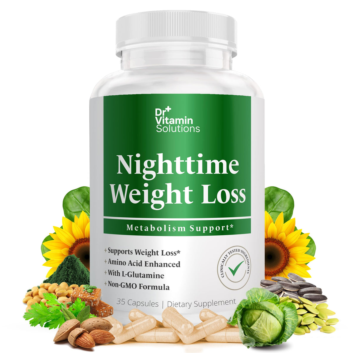 DR VITAMIN SOLUTIONS frente del empaque muestra la fórmula nocturna y beneficios