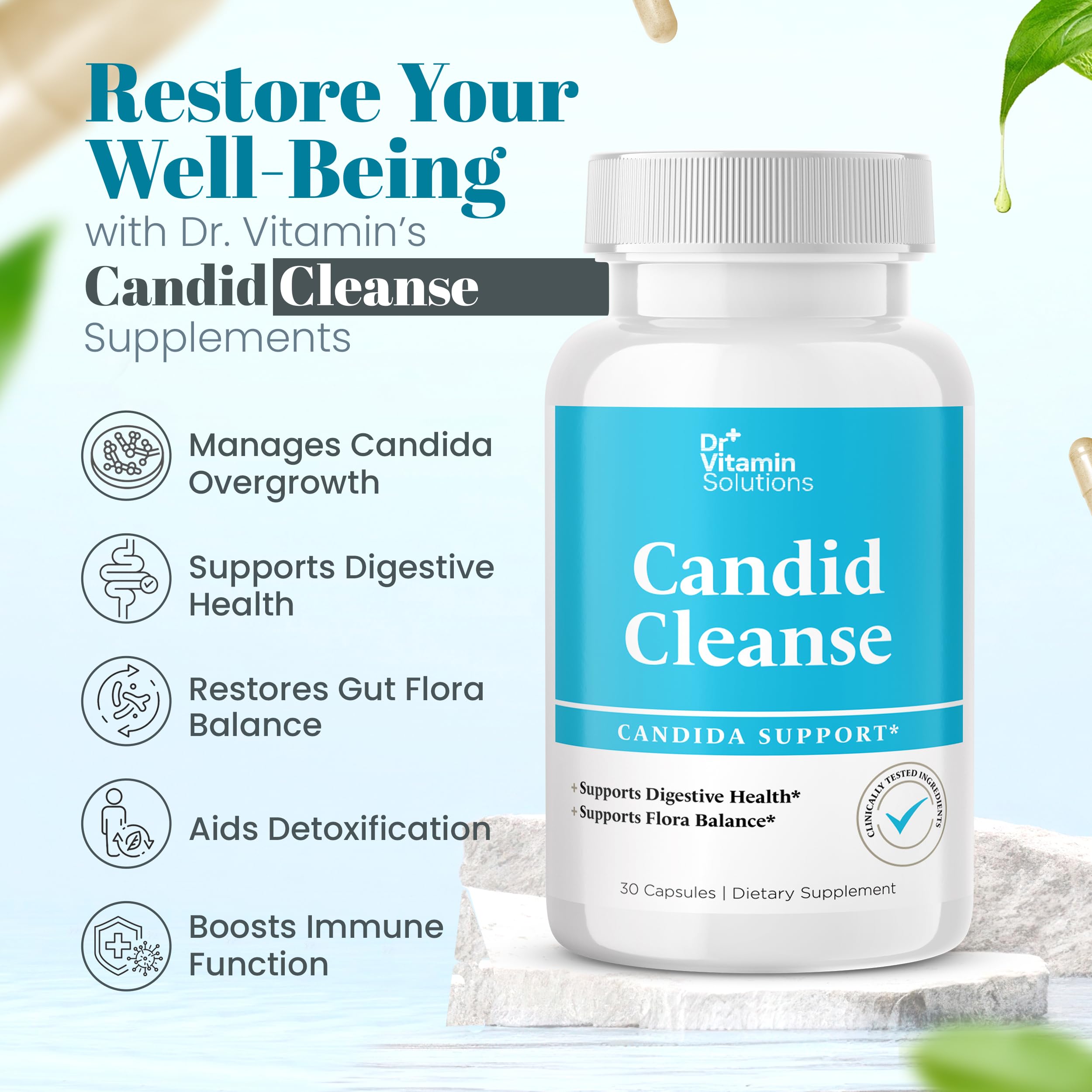 DR VITAMIN SOLUTIONS etiqueta con instrucciones y beneficios claros para el usuario