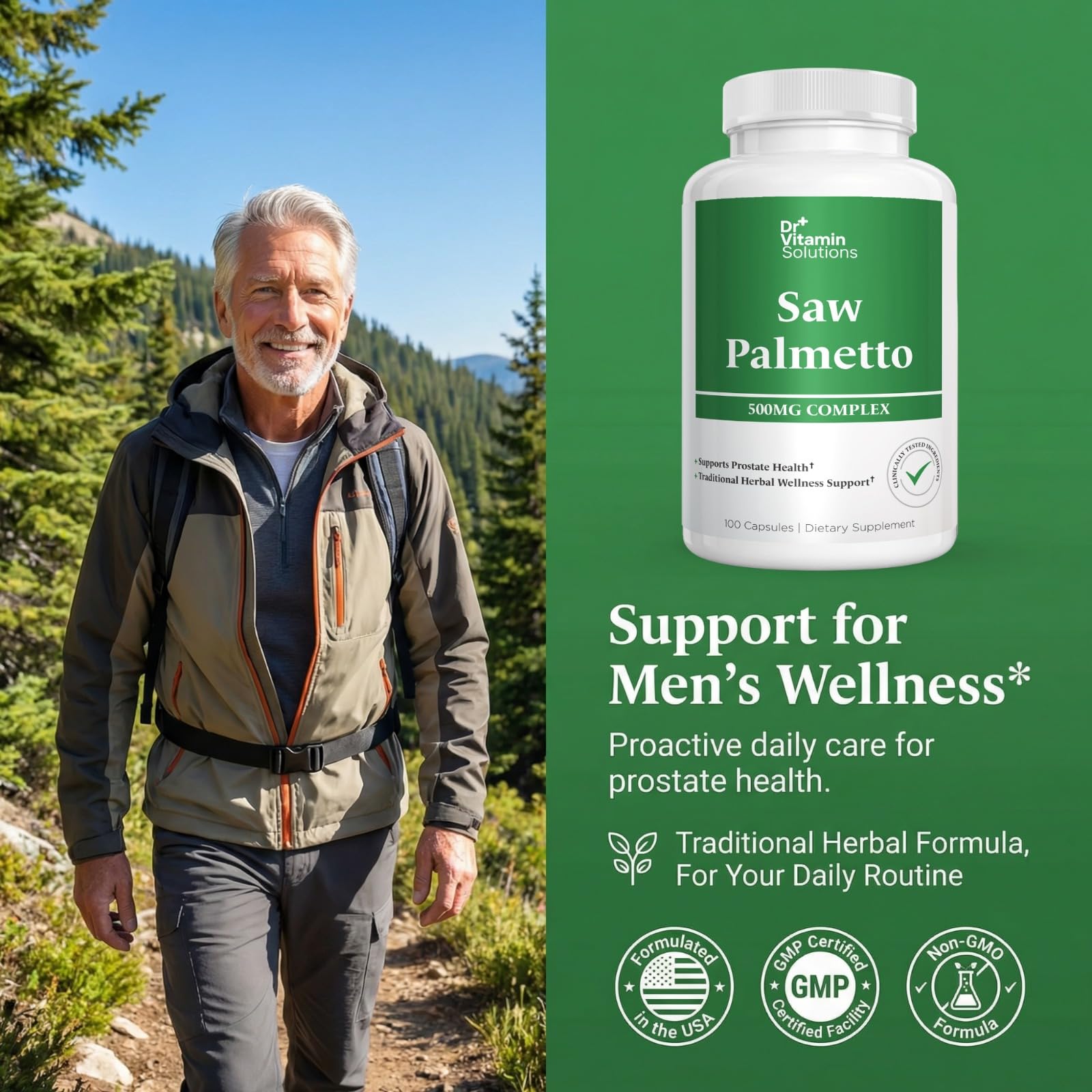 DR VITAMIN SOLUTIONS polvo de bayas de saw palmetto resaltando pureza y potencia