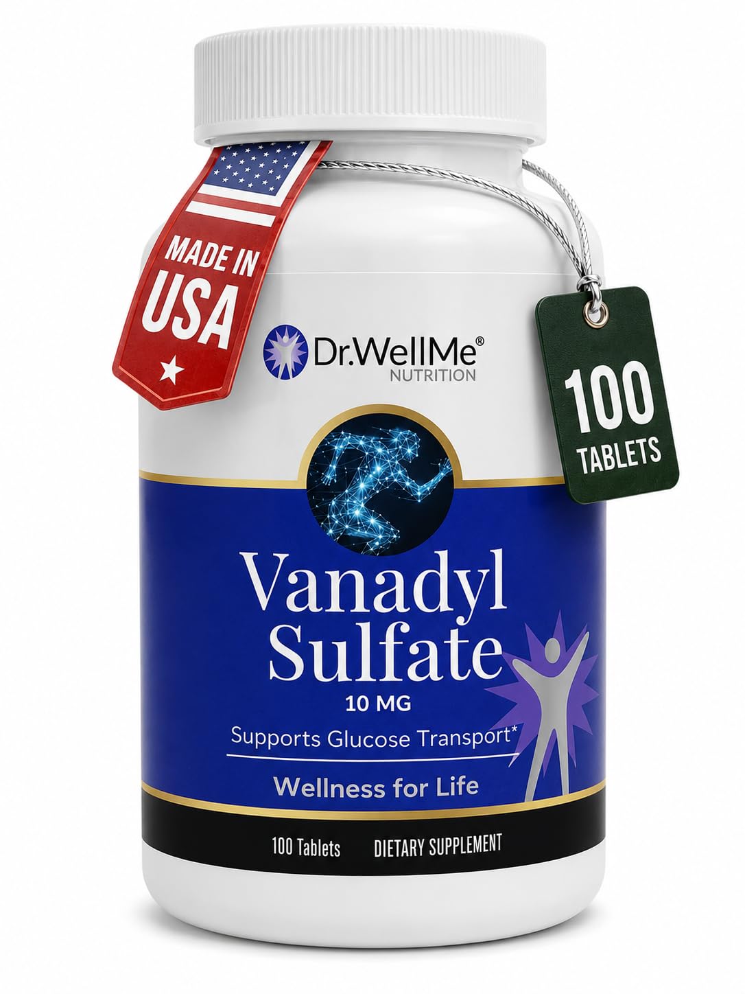 Dr. WellMe frasco delantero mostrando 100 tabletas y conveniencia diaria