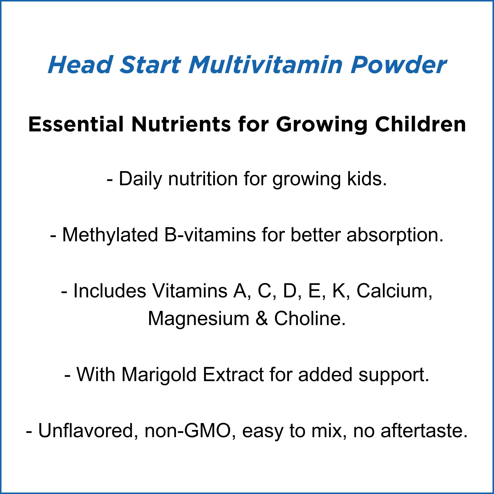 Dr. Wholeness etiqueta Head Start con lista de ingredientes y vitaminas metiladas
