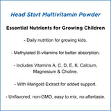 Dr. Wholeness etiqueta Head Start con lista de ingredientes y vitaminas metiladas