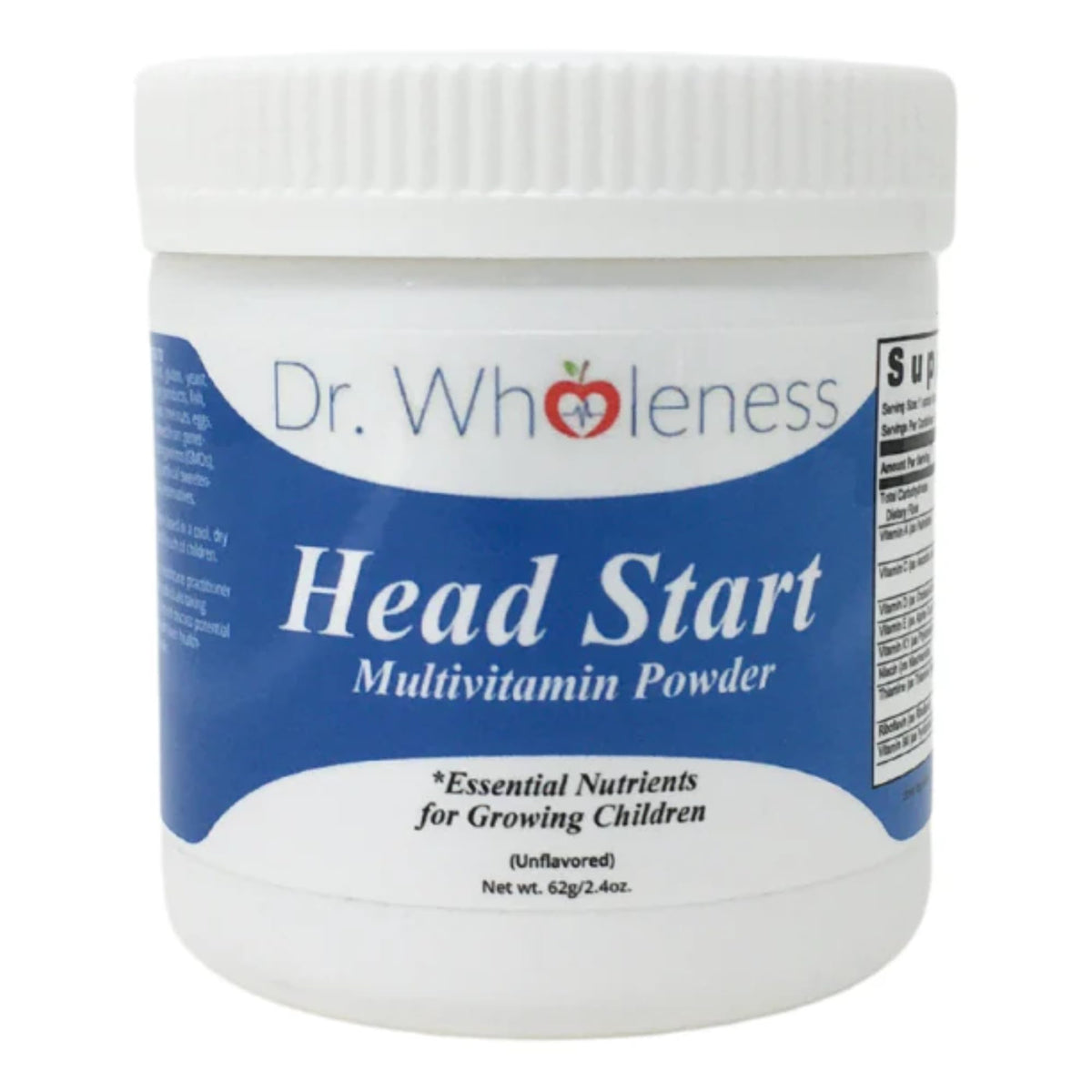 Dr. Wholeness envase frontal Head Start con diseño claro y cantidad de 60 servicios